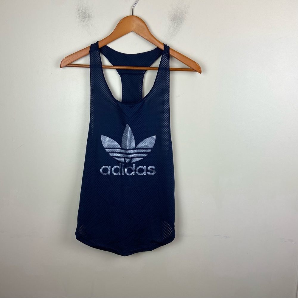 Adidas Navy Blue Silver Mesh Workout Beach Tank Top Size‎ XS Athletic Streetwear